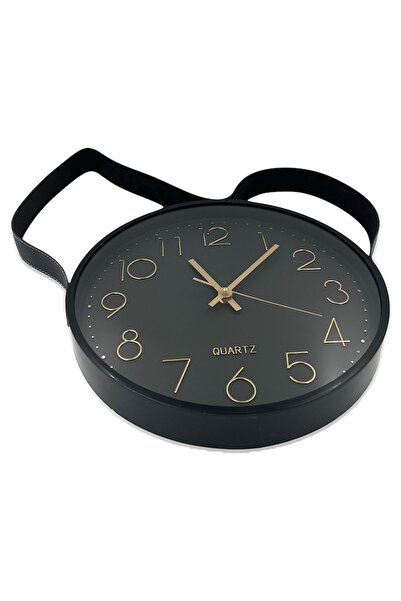 OEM Wall clock, Modern with removable leather strap hanger, Black with Gold, 30 cm