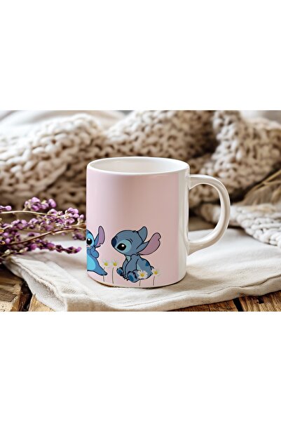 Beramussa كوب شخصيات ستيتش - خلفية وردية - هدية شخصيات كرتونية لطيفة