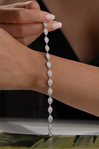 Silvano Jewelry 925 Ayar Gümüş Rodyum Kaplama Pembe Taşlı Suyolu Bileklik