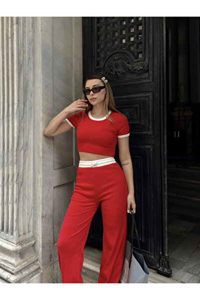 ZENGEZUR MALL Mtxdpn Crop Pants Piped Set Red (162738) (Size: S)