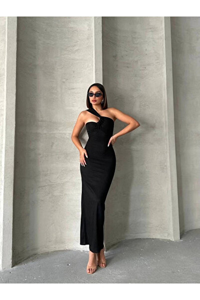 ZENGEZUR MALL Mtxdpn Crinkle One Shoulder Long Dress Black S25455 (221036) (S...