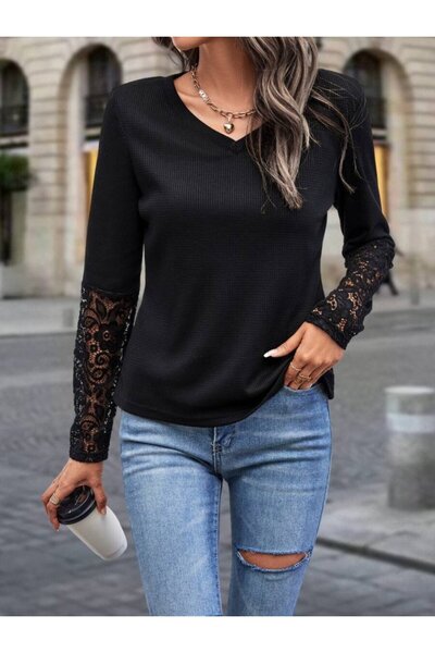 buğrahayalin Women's Long Sleeve V Neck Lace Waffle Blouse