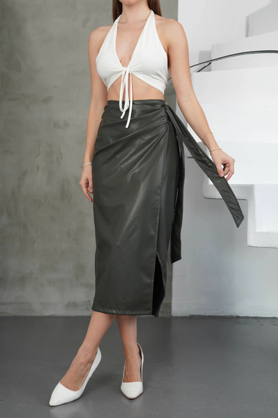 ZENGEZUR MALL Mtxdpn Belted Long Leather Skirt Khaki H26414 (11848) (Size: m)