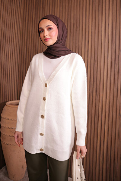 Mogi Butik Γυναικεία μακριά ζακέτα με λαιμόκοψη σε σχήμα V με μπρονζέ κουμπιά 3128