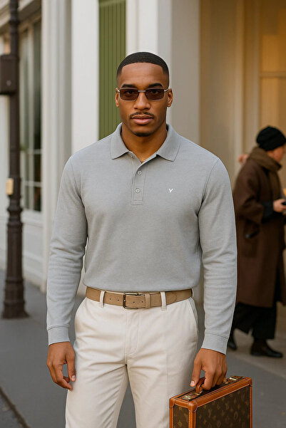 Maccali Men's Winter Casual Loose Polo Neck Gray Sweater