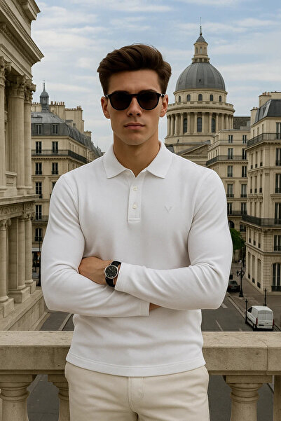 Maccali Ανδρικό μακρυμάνικο casual λευκό πουλόβερ με λαιμόκοψη πόλο