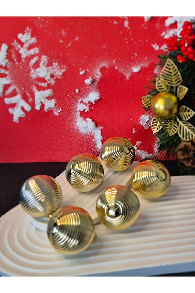 LEVA New Year Ornament Balls 5 cm Striped Bright Yellow { Gold } 6 Pcs