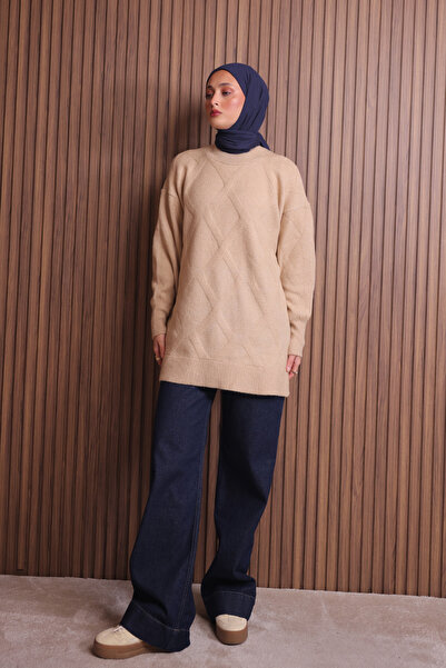 Mogi Butik Women's Crew Neck Diamond Pattern Soft Knitwear Tunic 3127