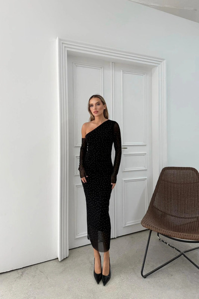 Sorridi Μαύρο μίντι φόρεμα από τούλι με πέτρες και έναν ώμο