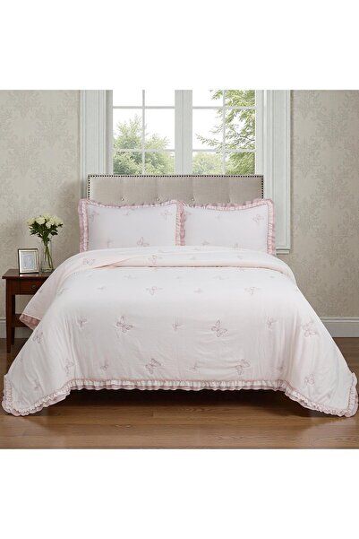 İpekçe Zarif Tasarımlı Likya Nakışlı Fırfırlı Yatak Örtüsü – Dört Mevsim Konforlu Kullanım