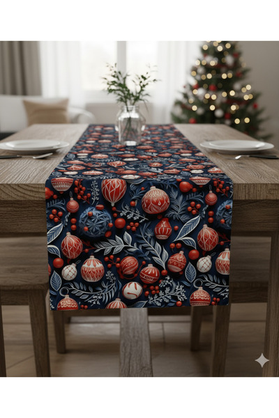 Otay Ev Dekorasyon New Year's Navy Blue Globes Patterned Digital Printed Runner 140 cm X 45 cm
