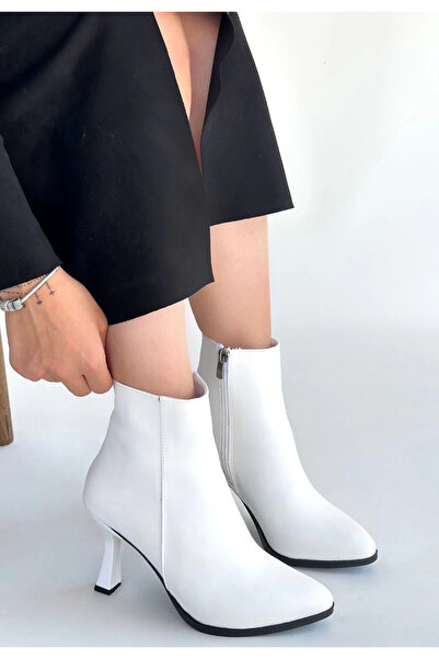 ZENGEZUR MALL Mtxdpn Mishha White Leather Heeled Boots (221201) (Size: 37)