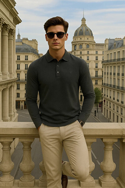 Maccali Men's Long Sleeve Casual Loose Polo Neck Smoked Sweater