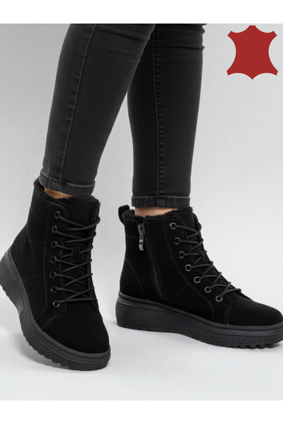 ANGEL BLUE Ghete dama piele naturala intoarsa negre Cu șireturi și fermoar