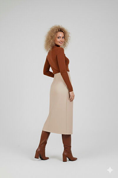 strivex Slit Detailed Pocketed Soft Textured Faux Leather Beige Pencil Skirt