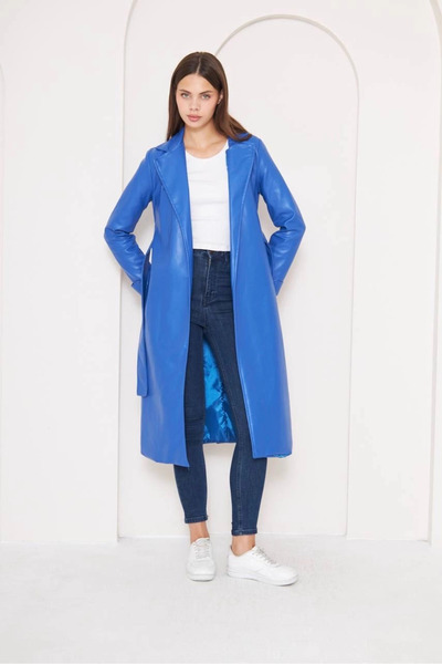 ZENGEZUR MALL Mtxdpn Long Leather Coat Blue (215457) (Size: 36)
