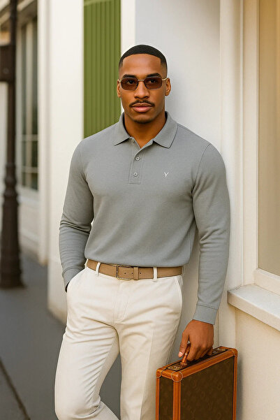 Maccali Men's Winter Casual Loose Polo Neck Gray Sweater