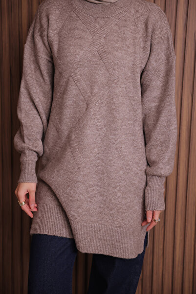 Mogi Butik Women's Crew Neck Diamond Pattern Soft Knitwear Tunic 3127