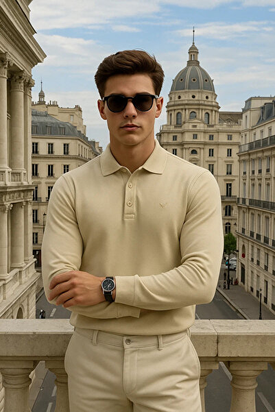 Maccali Men's Long Sleeve Casual Polo Neck Beige Sweater