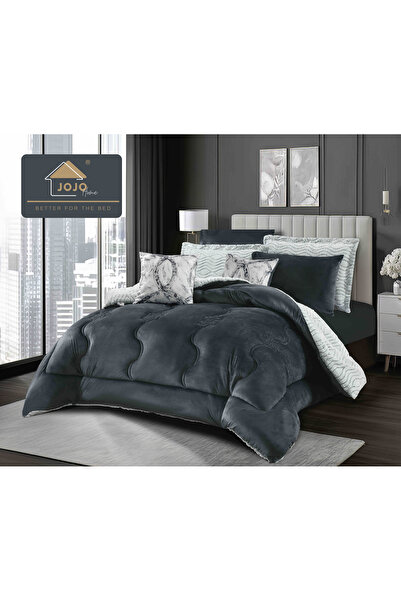 CASIMI 6-Piece Bedding Set with Duvet, Reversible Artificial Rabbit Fur & Velvet – Anthracite Gray