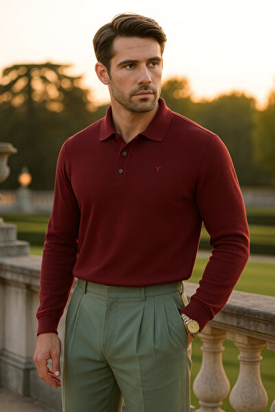 Maccali Men's Casual Polo Neck Long Sleeve Burgundy T-Shirt