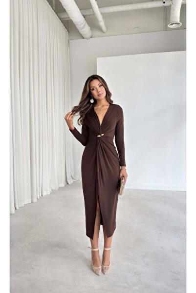 Nida Boutique Double-Breasted Sandy Long Sleeve Dress with Collar Front Slit Shoulder Pad Accessories Detail