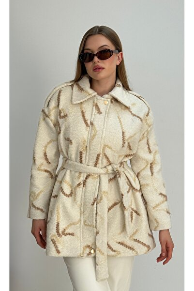 SLAVY Desenli Kürklü Düğmeli İtalyan Keçe Kaban