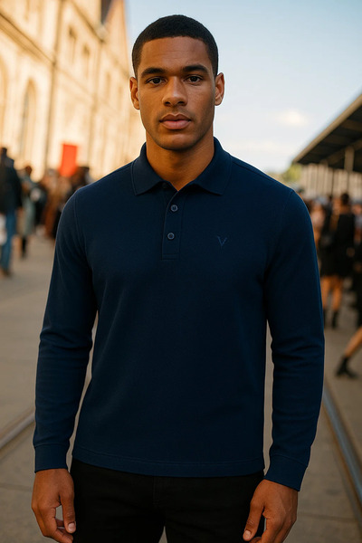 Maccali Men's Casual Long Sleeve Navy Blue Polo Neck T-Shirt