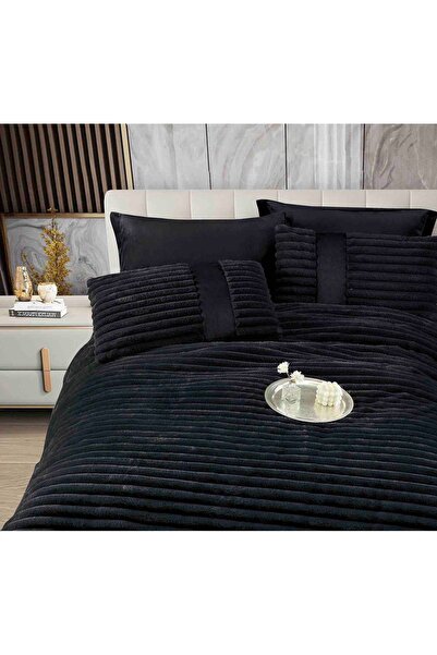 CASIMI 6-Piece Bedding Set with Comforter, Artificial Rabbit Fur & Velvet - Black