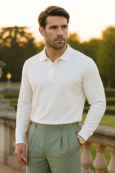 Maccali Ανδρικό μακρυμάνικο μπλουζάκι με λαιμόκοψη πόλο, καθημερινό, χαλαρό, λευκό