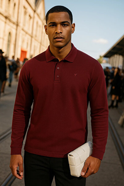Maccali Men's Casual Long Sleeve Burgundy Polo Neck T-Shirt