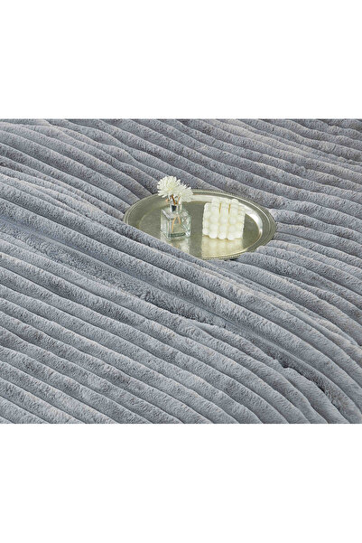 Casım 6-piece bedding set, duvet, faux rabbit fur and velvet - Light gray