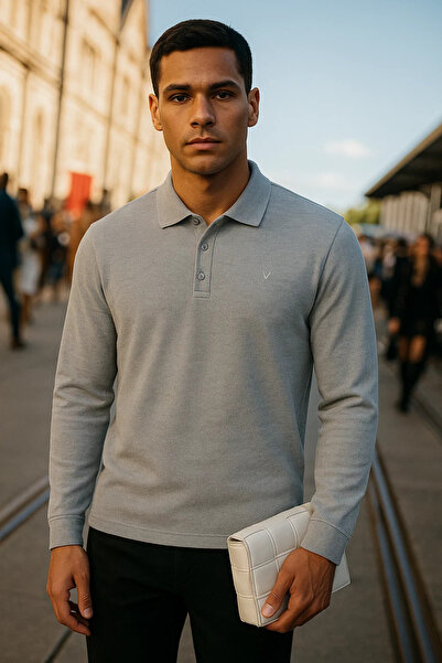 Maccali Men's Casual Long Sleeve Gray Polo Neck T-Shirt