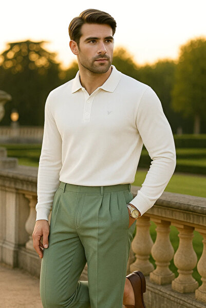 Maccali Ανδρικό μακρυμάνικο μπλουζάκι με λαιμόκοψη πόλο, καθημερινό, χαλαρό, λευκό