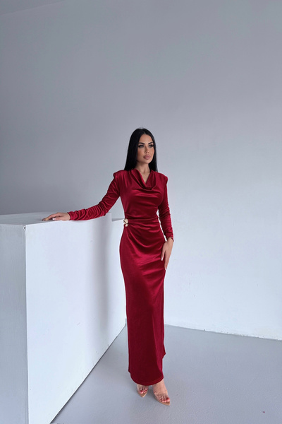 LİLA İSTANBUL Degaje Collar Velvet Fabric Red Dress