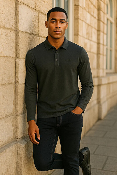 Maccali Men's Casual Long Sleeve Smoked Polo Neck T-Shirt