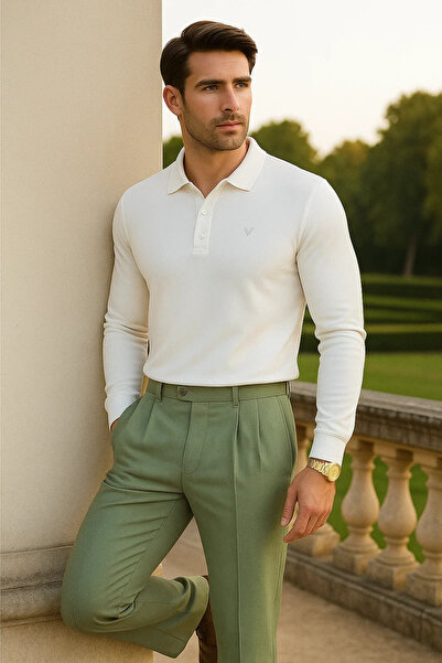 Maccali Ανδρικό μακρυμάνικο μπλουζάκι με λαιμόκοψη πόλο, καθημερινό, χαλαρό, λευκό