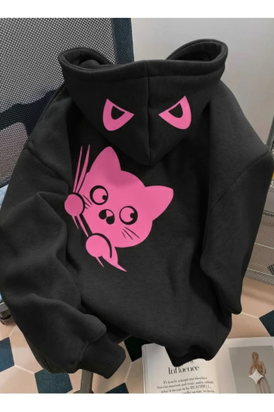 KVİNS Hanorac negru amuzant cu pisică pentru femei/unisex