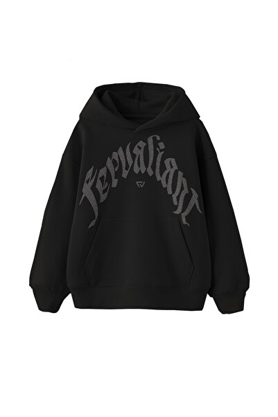 Fer Valiant سويت شيرت منحني للجنسين مطبوع قصة فضفاضة بغطاء رأس