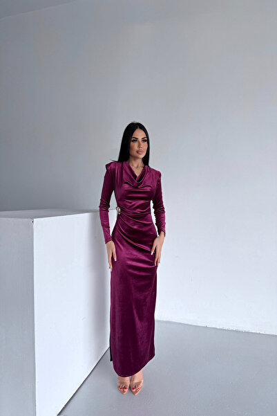 LİLA İSTANBUL Degaje Collar Velvet Fabric Plum Dress