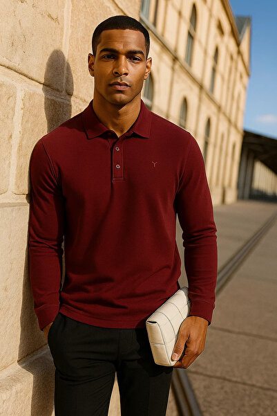 Maccali Men's Casual Long Sleeve Burgundy Polo Neck T-Shirt