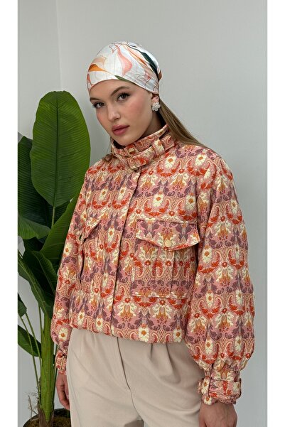 SLAVY Etnik Desen Dik Yaka Kemerli Bomber Ceket