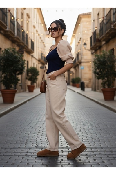 AS Anita Store Voluminous Balloon Sleeve V-Neck Crop Steel Knitted Knitwear Bustier Blouse