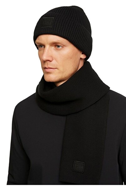 eboxluxury Black knitted hat and scarf set
