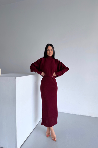 LİLA İSTANBUL Rochie tricotată dublă cu gât roșu (mărime standard S/M/L/XL)