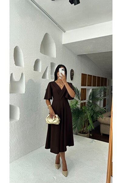 Nida Boutique Double-Breasted Collar Wide Sleeve Flared Midi Length Knitted Crepe Dress