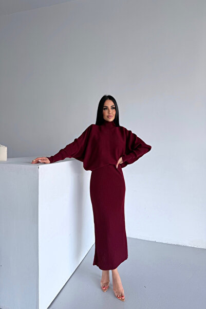 LİLA İSTANBUL Rochie tricotată dublă cu gât roșu (mărime standard S/M/L/XL)