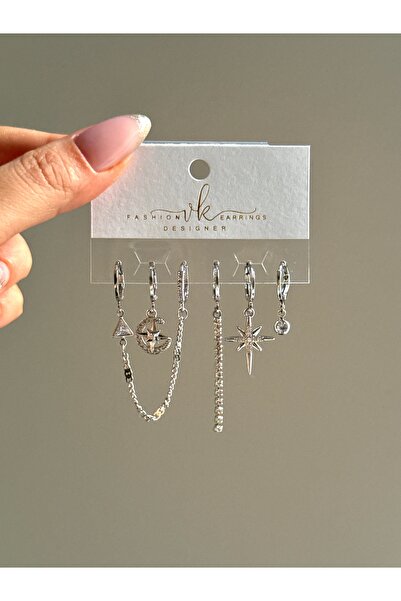 YOUES JEWELRY ÇELİK KADIN 6'LI KÜPE SETİ GÜMÜŞ RENK SİLVER