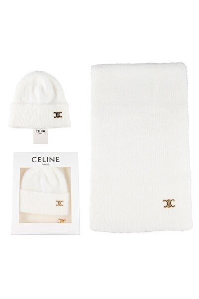 Celine White hat and scarf set with gold emblem