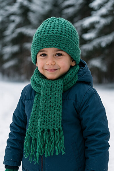 Yalçınoğlu Kids Hand Knitted Wool Children's Scarf Beanie Set |   3-8 Years Old |   Handmade Winter Set |   Warm Holder Winter Set I